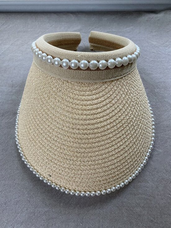 Renato Balestra, Italy, Paper Straw Visor, Faux Pearl Sun Hat, Resort Chic, Lux main image 8